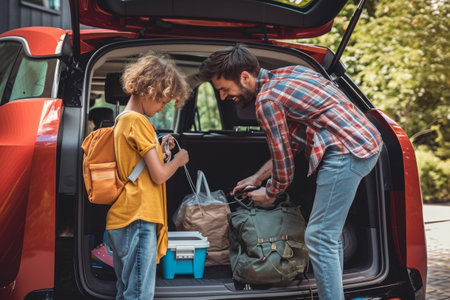 A man and a little girl are standing in the trunk of a car, A family packing their electric car for a road trip, AI Generatedの素材