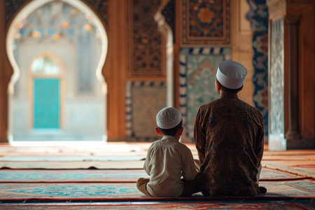 A couple of individuals sitting on a rug in a relaxed outdoor setting, A father and son attending a mosque, AI Generatedの素材