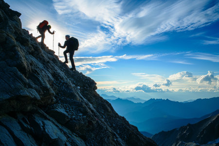 A couple of climbers ascending the steep slopes of a mountain with determination and skill, A fellow trekker helping a companion scale a steep mountain, AI Generatedの素材
