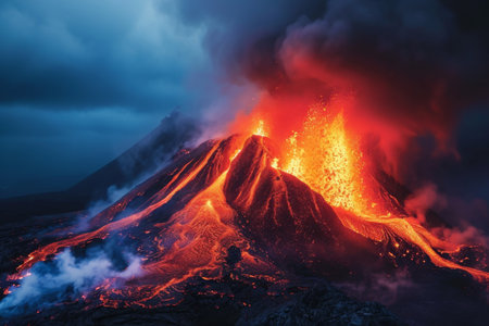 A powerful volcano erupts molten lava forcefully into the air, creating a dramatic and intense display of natural forces, A fiery volcanic eruption with swirling smoke and lava, AI Generatedの素材