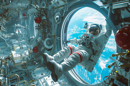 A man wearing a space suit floats in the air, demonstrating the effects of zero gravity, Afitness training scene in space, with astronauts and floating equipment, AI Generatedの素材