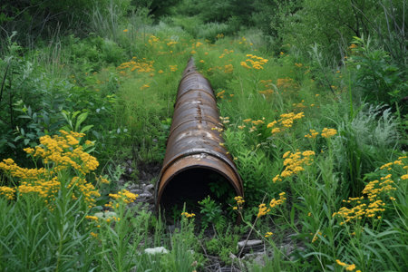 A photo showcasing a pipe standing tall amidst a field of vibrant wildflowers, A flourishing ecosystem growing around an abandoned pipeline, AI Generatedの素材