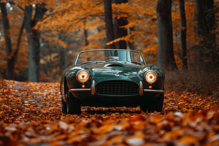 A photo of a green sports car parked on a road covered in fallen leaves, A forest green classic sports car amidst fall foliage, AI Generatedの素材