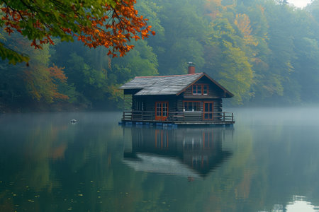 A photo of a house situated on the edge of a serene lake, encompassed by a lush forest of trees, A floating house on a peaceful lake, AI Generatedの素材