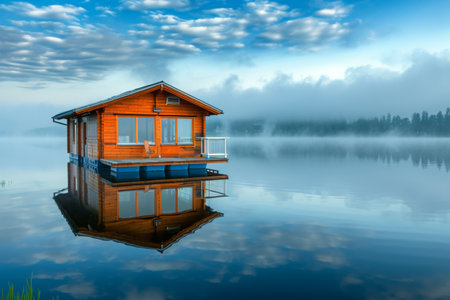 A houseboat peacefully floats on top of a body of water, with the serene scenery in the background, A floating house on a peaceful lake, AI Generatedの素材