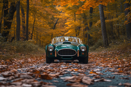 A green car drives down a road covered in fallen leaves, A forest green classic sports car amidst fall foliage, AI Generatedの素材