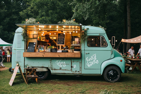 A food truck is parked in an open field, serving delicious meals to customers, A food truck in a countryside festival, AI Generatedの素材