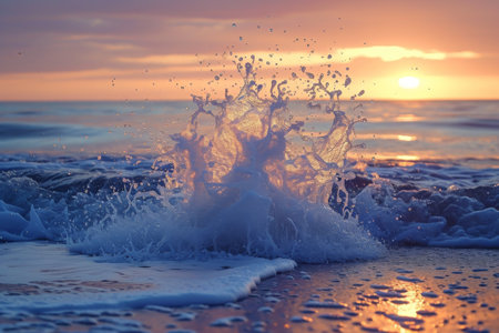 A dynamic shot of water splashing onto the shore of a beach as the sun sets in the background, A freeze-frame of ocean wave at the point of splash, AI Generatedの素材