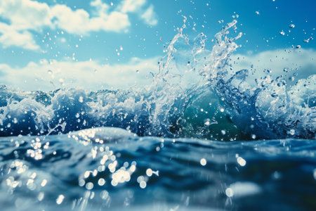 A photograph showcasing a wide expanse of water with a substantial amount of bubbles floating on its surface, A freeze-frame of ocean wave at the point of splash, AI Generatedの素材