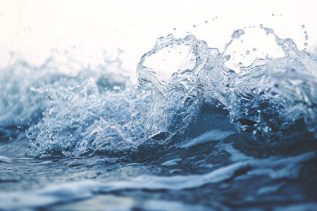 A close-up shot capturing the dynamic motion of water splashing on the surface in vivid detail, A freeze-frame of ocean wave at the point of splash, AI Generatedの素材