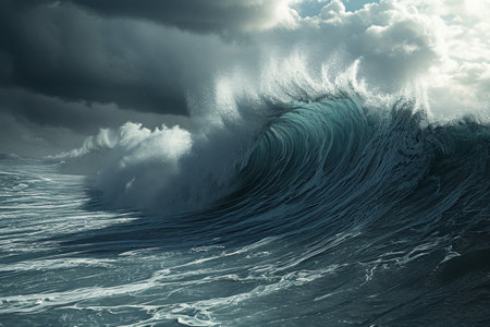A large wave crashes with force in the middle of the open ocean, creating a surge of water and mist, A formidable view of a tidal wave in the open sea, AI Generatedの素材