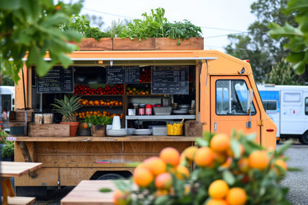 An orange food truck is parked in a busy parking lot, serving delicious meals to hungry customers, A food truck in a farmerÃ¢â¬â¢s market setting, AI Generatedの素材