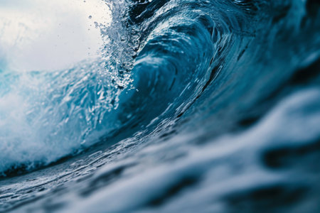 A detailed view of a powerful ocean wave as it crashes against the shore, A freeze-frame of ocean wave at the point of splash, AI Generatedの素材