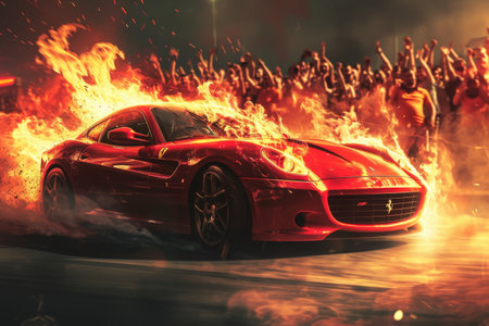 A red sports car parked in front of a large crowd of people, creating a lively atmosphere, A fiery red sports car in front of a roaring crowd, AI Generatedの素材