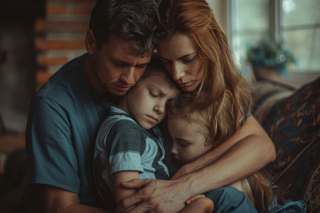 A man and a woman are embracing a child, displaying affection and closeness, A family dealing with the effects of opioid addiction, AI Generatedの素材