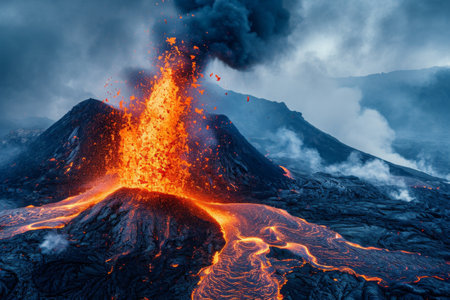 A powerful volcanic eruption spews molten lava high into the sky, A fiery volcanic eruption with swirling smoke and lava, AI Generatedの素材