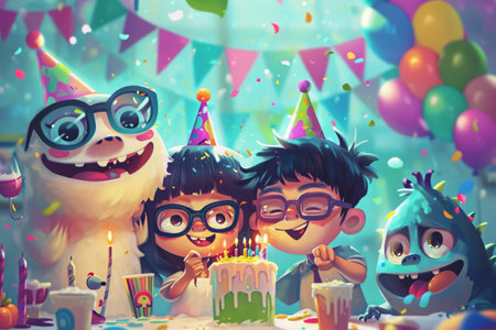 A group of children happily gather around a birthday cake, eagerly waiting to celebrate with excitement and anticipation, Adorable cartoons enjoying a flamboyant birthday bonanza, AI Generatedの素材