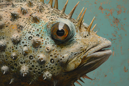 This close-up photo captures the distinct spikes on the head of a fish, showcasing its unique and fascinating features, A detail-rich art showcasing a pufferfish's unique spiky texture, AI Generatedの素材