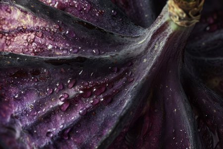 Purple Flower With Water Droplets, A detailed close-up of a ripe fig, highlighting its deep purple color and delicate texture, AI Generatedの素材