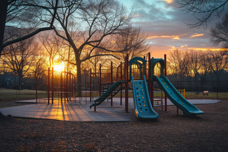 A photo capturing a playground at sunset, featuring a vibrant blue slide amidst the setting suns warm glow, A deserted playground at sunset, AI Generatedの素材