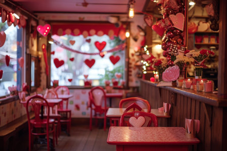 A photo of a restaurant with vibrant red tables and chairs, creating a bold and eye-catching atmosphere, A darling little cafe adorned with ValentineÃ¢â¬â¢s Day decorations, AI Generatedの素材