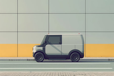 A small white van parked in a designated spot on the side of a road, with no other vehicles nearby, A cute small electric van delivering goods, AI Generatedの素材