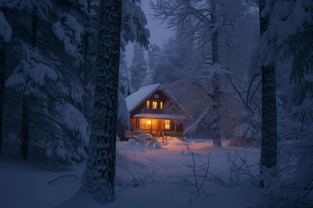 A cabin nestled in the midst of a snowy forest is illuminated by the moonlight on a cold winter night, A cozy cabin in a snowed woodland, glowing warmly from within, AI Generatedの素材