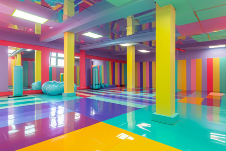 A vividly colorful room with brightly colored floors and ornate columns creates a visually striking scene, A colourful gym specialising in high energy aerobics, AI Generatedの素材