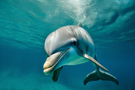 A dolphin gracefully swims beneath the surface of the ocean, displaying its natural agility and elegance, A charismatic portrait of a playful bottlenose dolphin, AI Generatedの素材