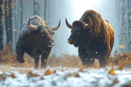 Two bison standing close to each other in the forest, showcasing their powerful presence and natural behavior, A bull and a bear representing the stock market trends, AI Generatedの素材