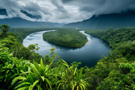 A river can be seen flowing through a lush and vibrant green forest, surrounded by dense foliage and trees, A captivating confluence of two rivers in a rainforest, AI Generatedの素材