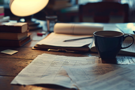 A cup of coffee is placed on top of a wooden table, creating a simple and natural composition, Accounting desk scene with coffee, papers, and a lamp, AI Generatedの素材
