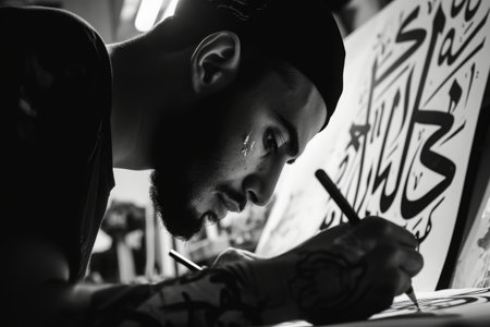 A man is seen writing on a piece of paper using a pen, A calligrapher crafting Allah's name, AI Generatedの素材