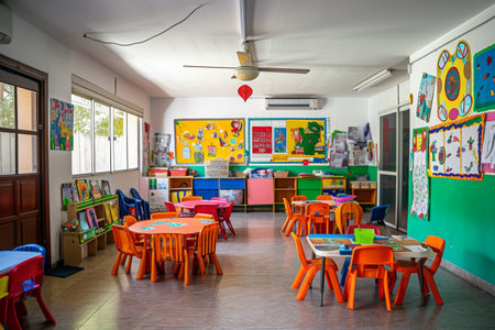 A vibrant and lively classroom with numerous tables and chairs arranged in an organized manner, A brightly lit empty classroom with colorful children's artwork on the walls, AI Generatedの素材