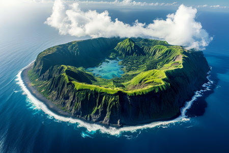 An island stands amidst the vast expanse of the ocean, surrounded by clear blue waters and a captivating sky, A bird's-eye view of an isolated island in the Pacific Ocean, AI Generatedの素材