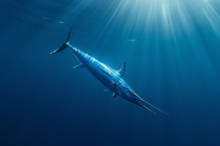 A magnificent blue marlin fish gracefully glides through the clear blue waters of the ocean, A blue marlin in the depths of the sea, all its majestic form visible, AI Generatedの素材