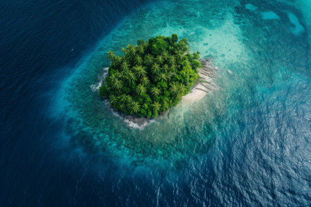 This photo features a small island surrounded by vast ocean waters, A bird's-eye view of an isolated island in the Pacific Ocean, AI Generatedの素材