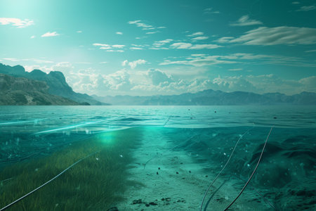 This photo captures a scenic view of a body of water with majestic mountains in the distant background, A beautiful landscape depicting underwater internet cables, AI Generatedの素材
