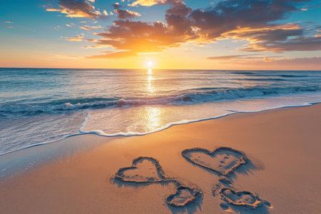 The image shows two hearts drawn in the sand on a beach, with the waves crashing in the background, A beautiful sunrise over a peaceful beach, with hearts drawn in the sand, AI Generatedの素材