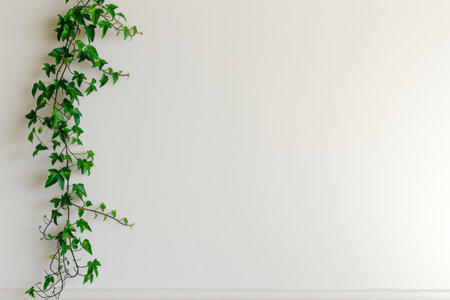 A young plant is seen sprouting and growing on a white wall, showcasing the resilience of nature, A blank wall with a single hanging, leafy vine plant, AI Generatedの素材
