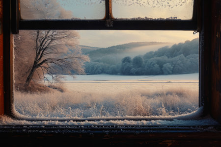 A window reveals a snowy field, showcasing the winter landscape and creating a peaceful ambiance, A frosty countryside viewed from a train window, AI Generatedの素材