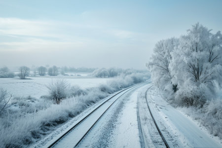 A snowy field stretches into the distance, revealing a train track cutting through the landscape, A frosty countryside viewed from a train window, AI Generatedの素材