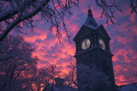 A towering clock surrounded by a stunning sky forms a captivating and timeless scene, A frost-covered clocktower against a twilight sky, AI Generatedの素材