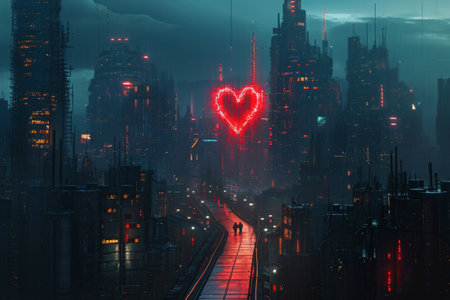 A photo showcasing a bustling city filled with towering buildings, while a prominent red heart stands out among the urban landscape, A futuristic cityscape on Valentine's Day, AI Generatedの素材