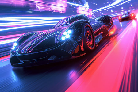 A black car drives down a street at night, creating streaks of light as it moves through the city, A futuristic sports car overtaking a rival in a high-speed race, AI Generatedの素材