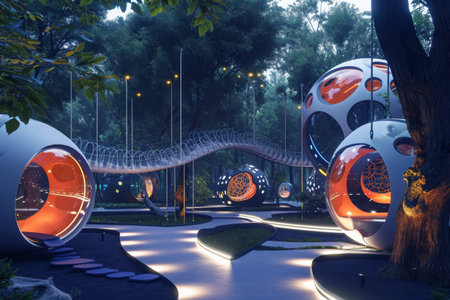 A photo featuring a modern park with a futuristic bridge and lush trees, A futuristic playground with high-tech play equipment, AI Generatedの素材