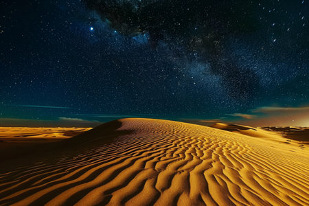 A stunning view of the night sky, illuminated by countless stars, above a vast desert landscape, A golden desert under a starry night sky, AI Generatedの素材