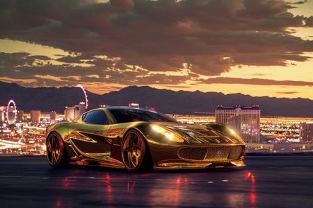 Gold Sports Car Parked in Front of City Skyline, A golden sports car against the backdrop of a Las Vegas cityscape, AI Generatedの素材