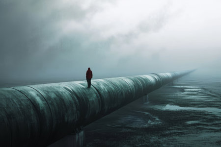 A person standing on a large pipe in the vastness of the ocean, A giant pipeline dwarfing a tiny, solitary figure, AI Generatedの素材
