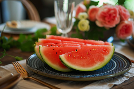 A plate filled with slices of watermelon is placed on a table, ready to be enjoyed, A Gelon Black Diamond watermelon on a dining table, AI Generatedの素材